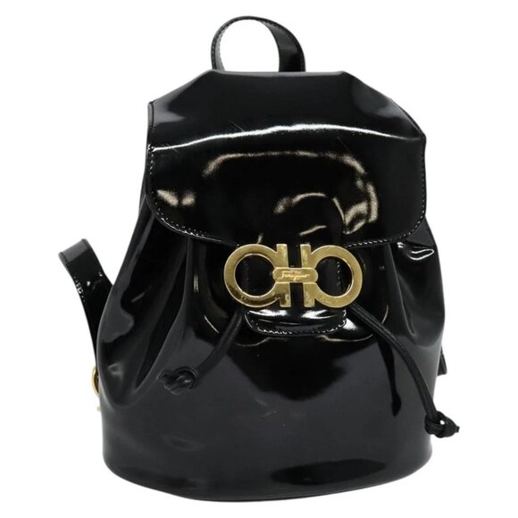 Salvatore Ferragamo Gancini Backpack Enamel Black Silver Auth - Picture 1 of 16